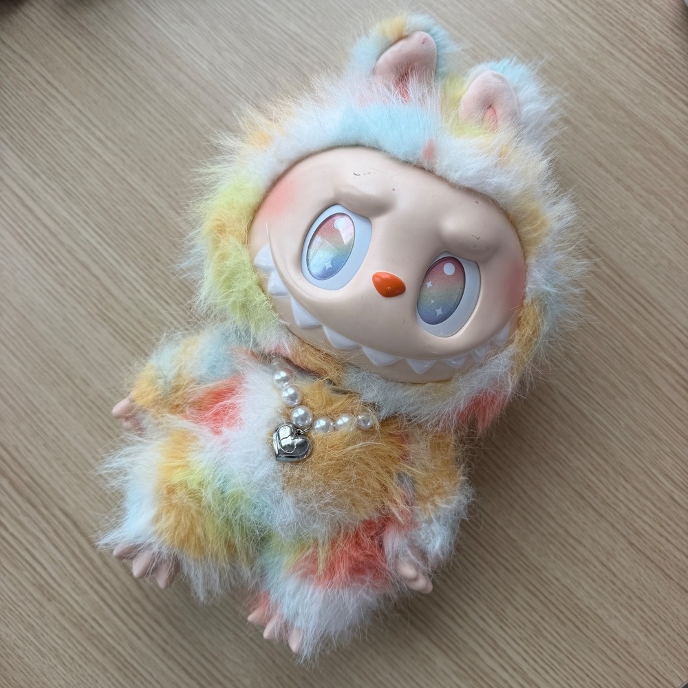 POP MART The Monsters Labubu Big Size Plush Doll Rainbow Faux Pearl Necklace